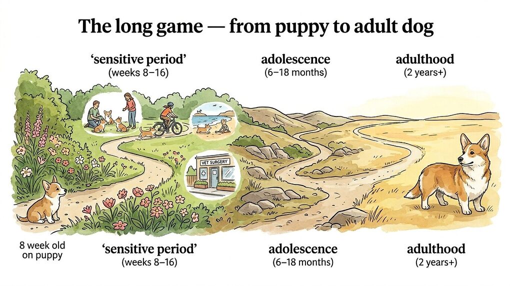 A wide horizontal landscape illustration showing a winding path that travels from the far left to the far right of the image. On the far left, a tiny eight-week-old puppy sits at the start of the path looking ahead. The path passes through three distinct landscape zones: a lush green garden area labelled sensitive period covering weeks 8 to 16; a slightly rockier terrain labelled adolescence covering six to eighteen months; and a wide open sunlit plain labelled adulthood from two years onward. Along the path, small vignette scenes illustrate socialisation milestones — a puppy class, a first encounter with a bicycle, a beach visit, and a vet surgery. On the far right, a confident relaxed adult dog stands in the open plain looking back along the path they have travelled. The style is warm editorial line art with earthy watercolour-style colour fills.