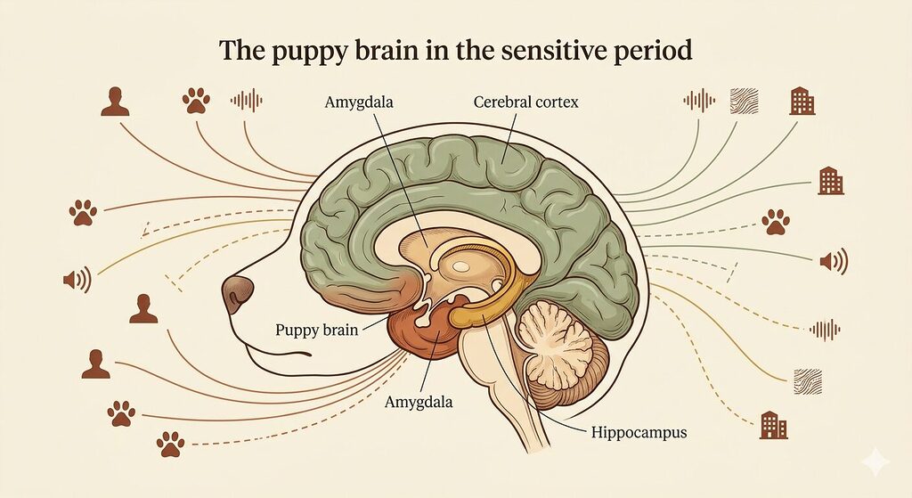 An editorial cross-section illustration of a puppy brain shown in profile against a warm cream background. Three brain regions are labelled in clean serif type and highlighted in distinct colours: the amygdala in terracotta, the cerebral cortex in sage green, and the hippocampus in warm gold. Thin curved lines radiate outward from the brain in all directions, each ending in a small icon representing an incoming experience — a human silhouette, a paw print, a sound wave, a surface texture, and a building. Lines from positive, received experiences are drawn as solid lines; lines from absent or missed experiences are shown as dashed or incomplete. The style is refined scientific illustration with editorial warmth.
