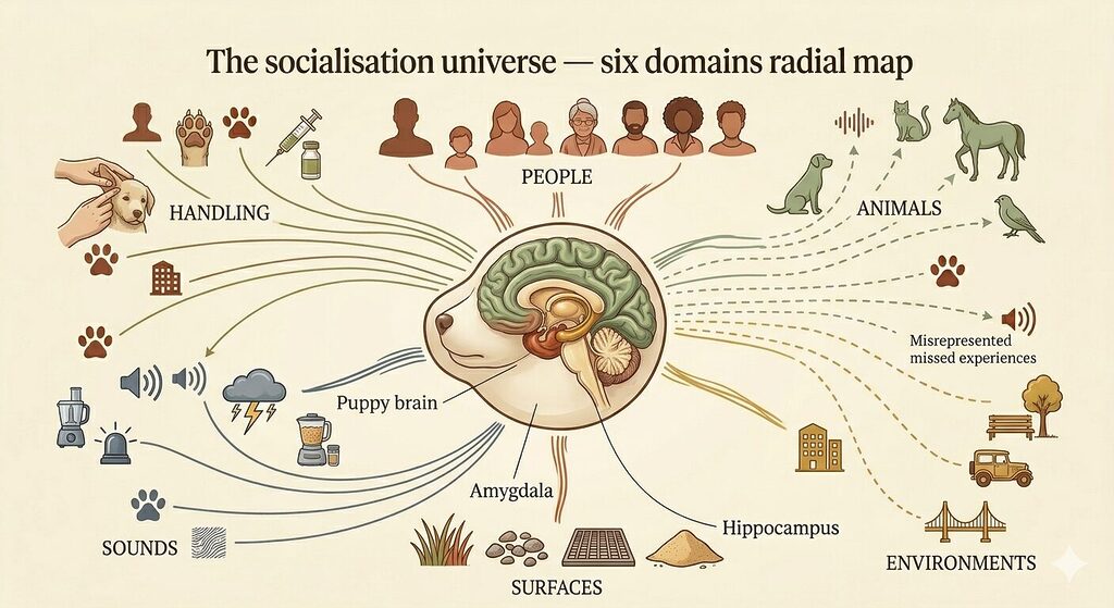 A radial map illustration centred on a small puppy silhouette. Six spokes radiate outward from the centre, each leading to a labelled cluster of small illustrated icons representing one of the six socialisation domains. The People cluster shows diverse human silhouettes. The Animals cluster shows a dog, cat, horse, and bird. The Environments cluster shows buildings, a park, a vehicle, and a bridge. The Surfaces cluster shows grass, gravel, a metal grate, and sand. The Sounds cluster shows a speaker with sound waves, a thunder cloud, a siren, and a household appliance. The Handling cluster shows a hand, an ear, a paw, and a syringe. Each domain cluster is colour-coded in a distinct warm earthy tone, and the spokes are drawn as loose radiating lines on a warm off-white background.
