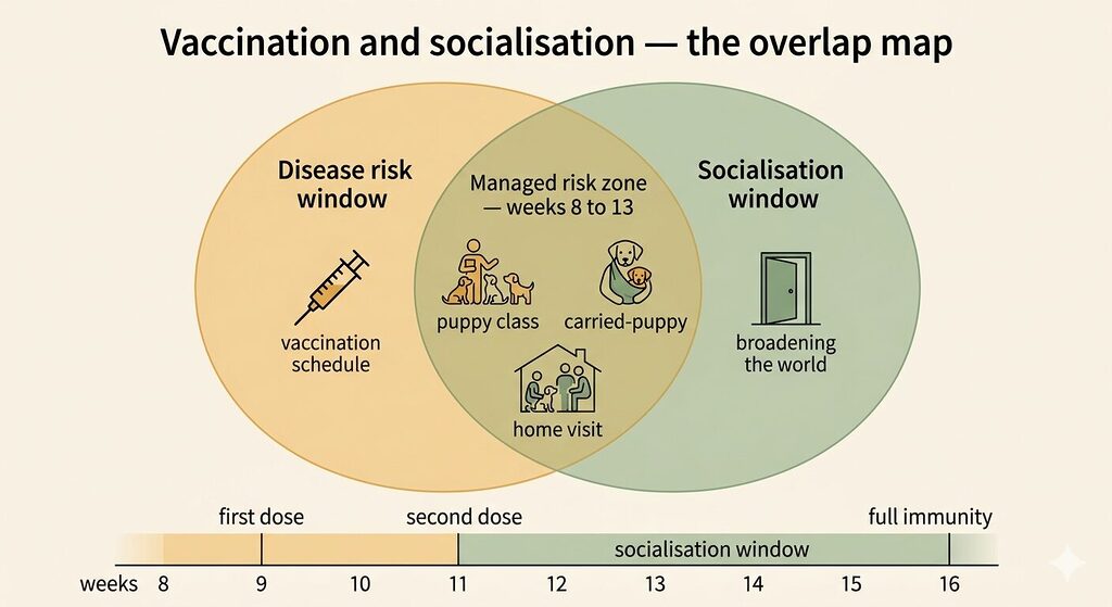 A Venn diagram on a warm off-white background showing two overlapping circles. The left circle, tinted soft amber, is labelled disease risk window and contains a syringe icon labelled vaccination schedule. The right circle, tinted sage green, is labelled socialisation window and contains a door icon labelled broadening the world. The overlapping region between the two circles is labelled managed risk zone, covering weeks 8 to 13, and contains three small icons representing safe early activities: a puppy group, a puppy being carried, and a home visit scene. Below the Venn diagram, a horizontal bar timeline spans weeks 8 through 16, with vaccination milestones marked — first dose, second dose, full immunity — alongside the socialisation window bar.