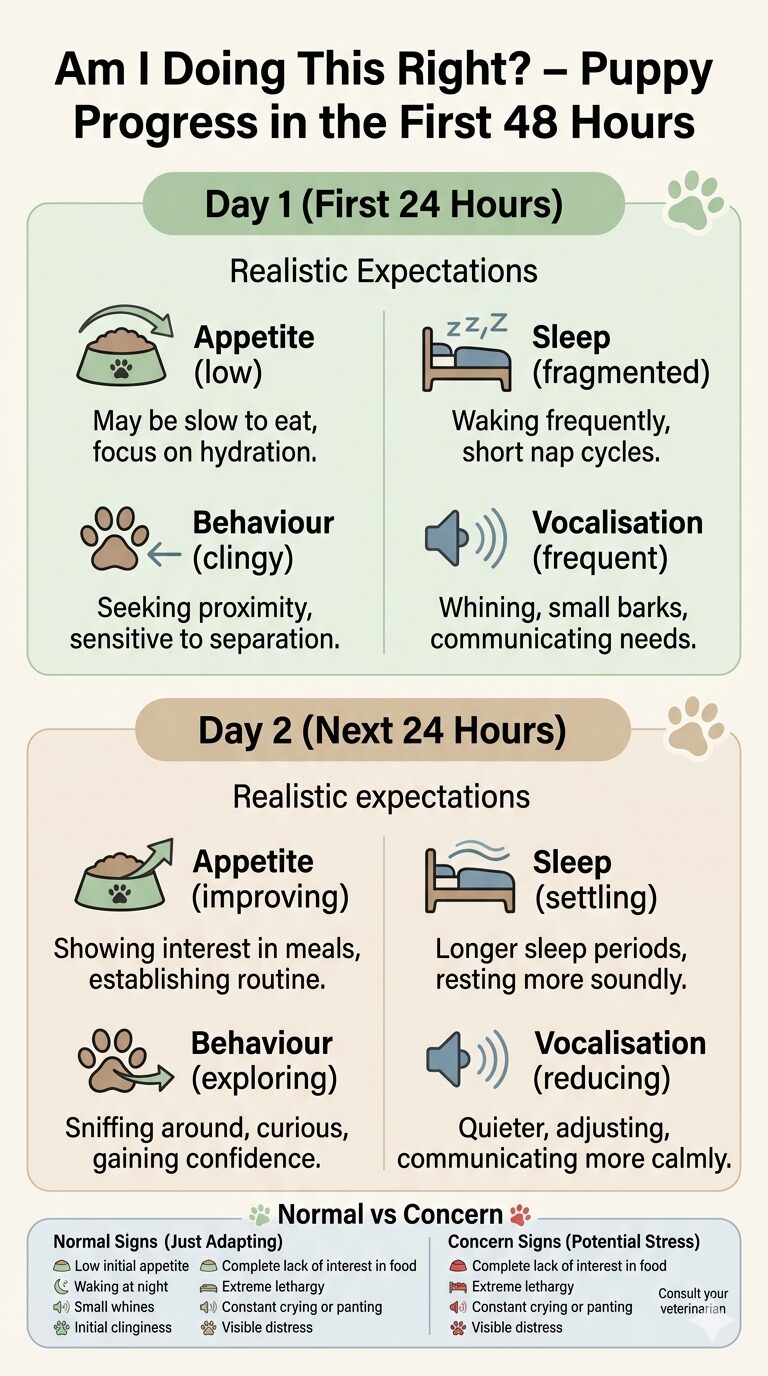 Reassurance infographic showing expected puppy progress from day one to day two, including changes in appetite, sleep, behaviour, and vocalisation.
