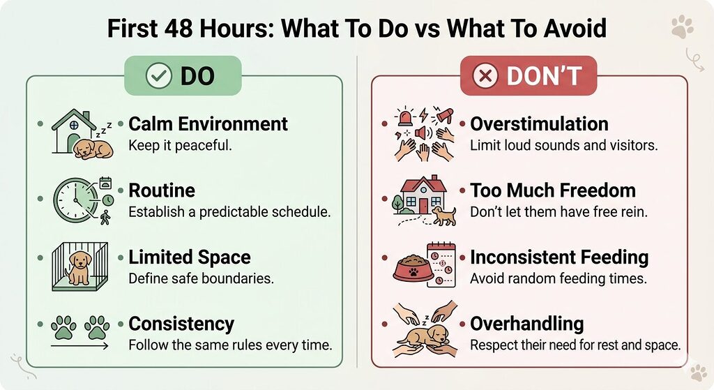Comparison infographic highlighting recommended actions versus common mistakes during a puppy’s first 48 hours, including routine, environment, and handling practices.