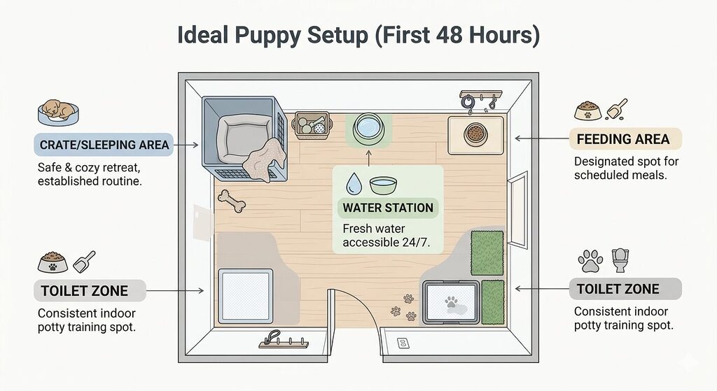 Top-down layout showing an ideal puppy setup with clearly defined areas for sleeping, feeding, water, and toileting within a controlled space.