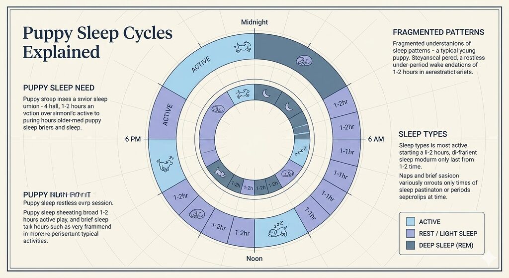 Diagram illustrating a puppy’s fragmented sleep cycle over 24 hours, showing multiple naps, rest periods, and activity phases throughout day and night.