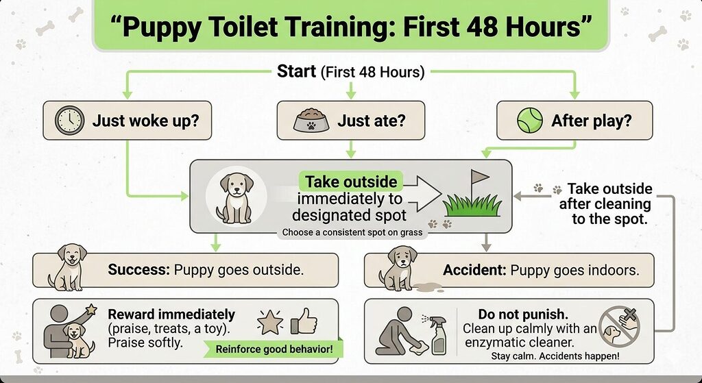 Flowchart showing when to take a puppy outside for toileting based on triggers like waking, eating, and playing, including outcomes for success and accidents.