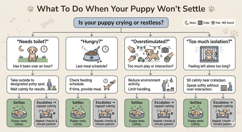Decision flowchart guiding owners through steps to take when a puppy is crying or restless, including checks for toilet needs, hunger, overstimulation, and reassurance.