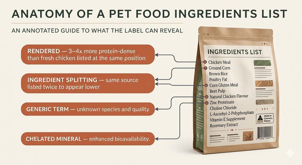 what the bag labels don't tell you, An annotated illustration of a fictional pet food ingredients list printed on the back of a food bag, shown against an off-white background. Twelve ingredients are listed in descending weight order. Thin lines extend from four ingredients to labelled callout boxes. An arrow from "chicken meal" leads to a box explaining it is rendered and three to four times more protein-dense than fresh chicken listed at the same position. An arrow connecting two separate corn ingredients leads to a box explaining ingredient splitting. An arrow from "poultry derivatives" leads to a box explaining the term is generic with unknown species and quality. An arrow from "zinc proteinate" leads to a box explaining it is a chelated mineral with enhanced bioavailability. The main list is in serif type and the callout boxes in clean sans-serif. 