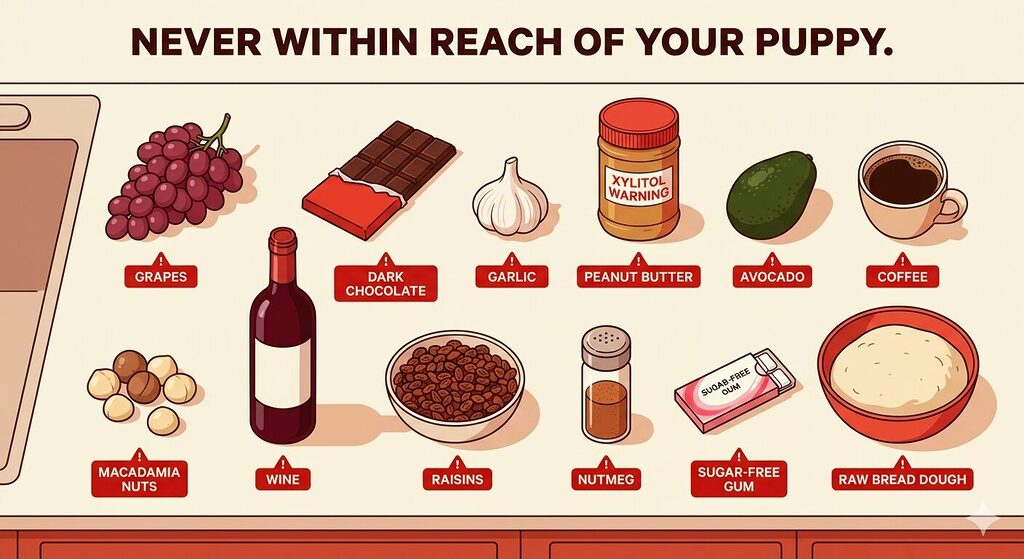 A top-down illustrated kitchen counter scene showing twelve common food items arranged naturally across the surface. The items are a bunch of grapes, a bar of dark chocolate, a garlic bulb, a jar of peanut butter with a xylitol warning label, an avocado, a coffee cup, macadamia nuts, a bottle of wine, a bowl of raisins, a shaker of nutmeg, a package of sugar-free gum, and a raw bread dough bowl. Each item has a small red warning badge beneath it with the item's name. The illustration style is warm, flat, and editorial — a kitchen scene that feels real rather than clinical. A header at the top reads: "Never within reach of your puppy." 