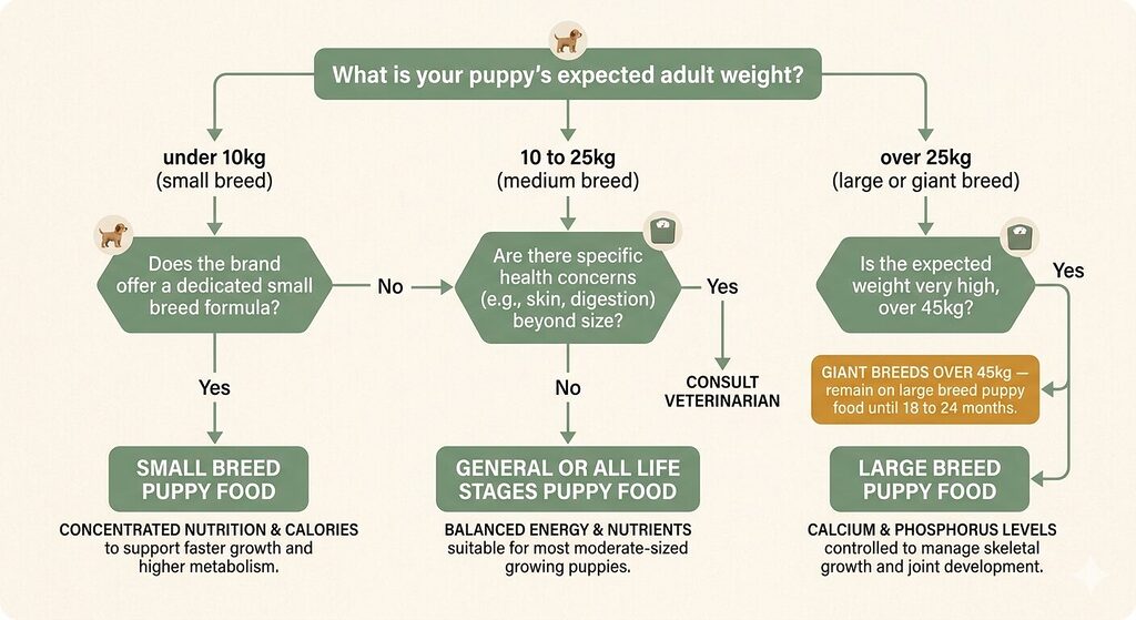 A decision-tree flowchart on a warm off-white background beginning with the question "What is your puppy's expected adult weight?" The chart branches into three paths based on weight range. The path for under 10 kilograms leads to a small breed puppy food recommendation. The path for 10 to 25 kilograms leads to a general or all life stages puppy food recommendation. The path for over 25 kilograms leads to a large breed puppy food recommendation, with an additional note in amber for giant breeds over 45 kilograms advising the food be continued until 18 to 24 months. Each terminal recommendation box includes a brief note on the key nutritional reason for that choice. Sage green is used for the recommended paths and warm amber for caution notes.