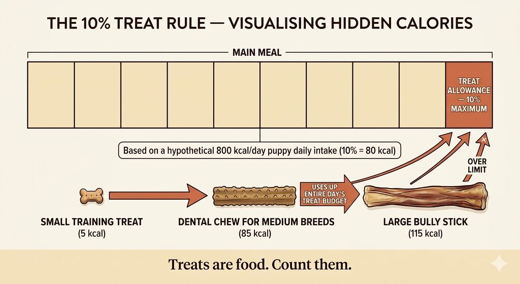 An infographic showing a 10-square grid representing 100% of a puppy's daily caloric intake. Nine squares are filled in warm cream and labelled "main meal." One square is filled in terracotta and labelled "treat allowance — 10% maximum." Below the grid, three treat items are illustrated with their approximate calorie counts: a small training treat at 5 calories, a dental chew for medium breeds at 85 calories, and a large bully stick at 115 calories. Arrows show how many of each treat fits within the 10% treat allowance for an 800-calorie-per-day puppy. The visual demonstrates that one dental chew uses the entire day's treat budget. A footer note reads: "Treats are food. Count them." 