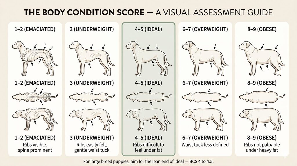 A five-panel illustrated reference card showing a dog in profile and from above at five body condition scores. Panel one shows a score of 1 to 2 labelled emaciated, with visible ribs and prominent spine. Panel two shows a score of 3 labelled underweight. Panel three shows a score of 4 to 5 labelled ideal, with a subtle sage green border, easily felt ribs, and a visible waist tuck. Panel four shows a score of 6 to 7 labelled overweight, with ribs difficult to feel. Panel five shows a score of 8 to 9 labelled obese, with ribs not palpable. The panels are arranged horizontally with clean line-art illustrations and brief text descriptors. A footer note reads: "For large breed puppies, aim for the lean end of ideal — BCS 4 to 4.5."