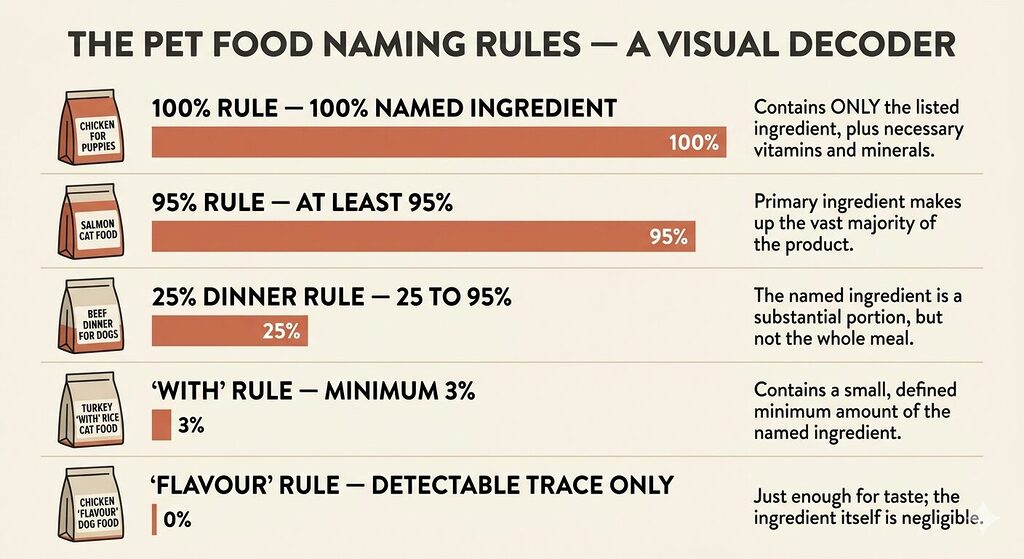 what the bag labels don't tell you, An infographic showing five horizontal rows on a warm off-white background, each representing one pet food naming convention rule in descending order of required ingredient content. From top to bottom: the 100% rule showing a product must contain only that ingredient; the 95% rule requiring at least 95% of the named ingredient; the 25% dinner rule requiring 25 to 95%; the "with" rule requiring a minimum of 3%; and the flavour rule requiring only a detectable trace. Each row includes a small illustrated food bag silhouette with a label example, a horizontal bar showing the minimum ingredient percentage — bars decrease in length from top to bottom — and a brief plain-language explanation. The bars are coloured in terracotta on a cream background with charcoal type. 