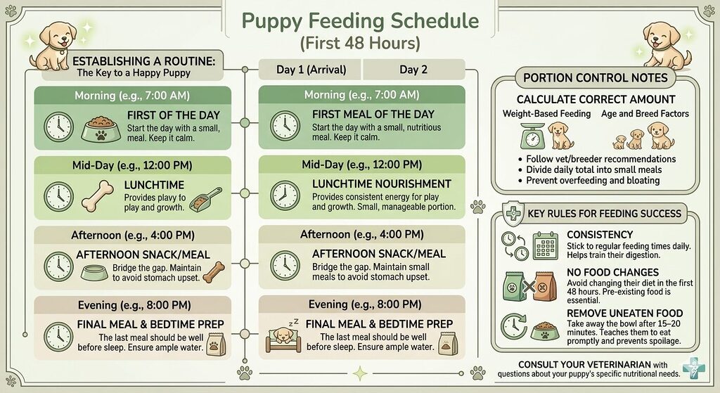 Structured feeding schedule for a new puppy showing three to four daily meals, fixed feeding times, and guidelines for maintaining diet consistency during the first 48 hours.