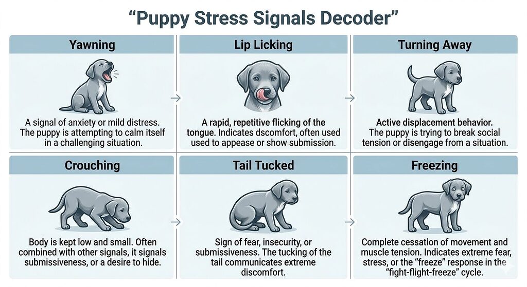 Educational chart illustrating common puppy stress signals such as yawning, lip licking, turning away, crouching, and tail tucking, with brief explanations of each behaviour.