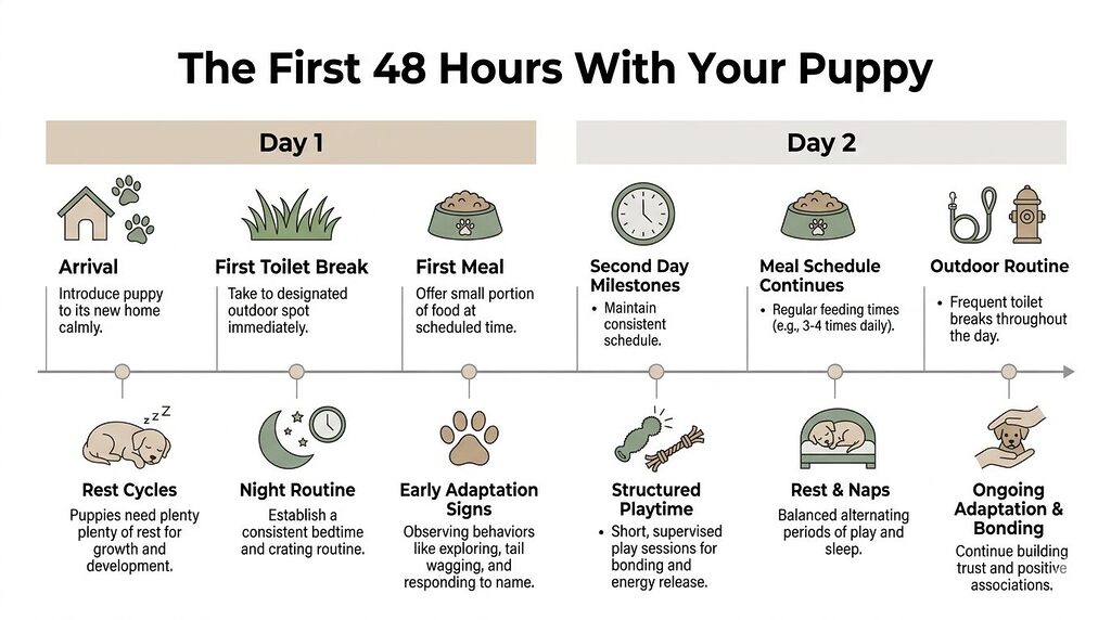 Timeline infographic showing key events during a puppy’s first 48 hours at home, including arrival, feeding, sleep cycles, toilet breaks, and night routine across day one and day two.