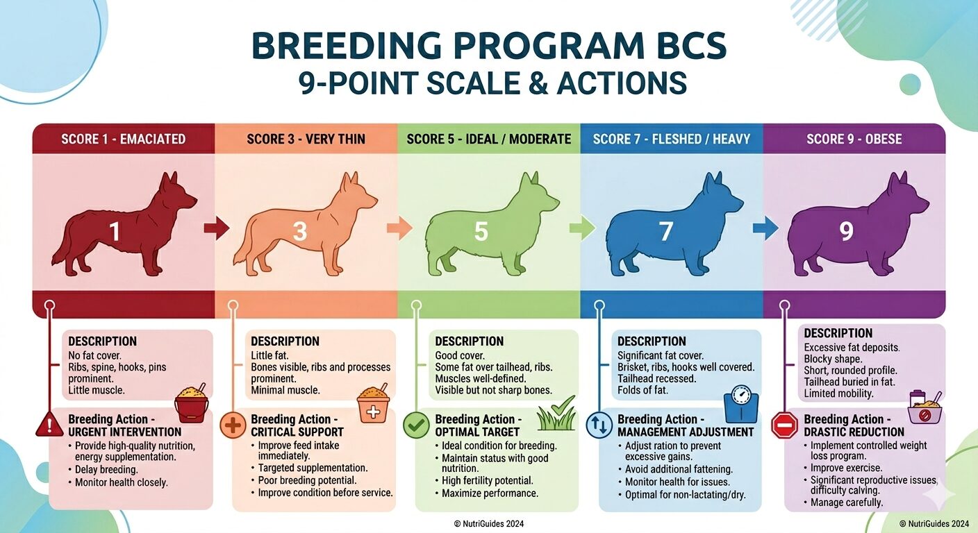 Puppy Nutrition for Breeding Programs. Nine-point body condition score scale for breeding dogs with silhouette illustrations at each level