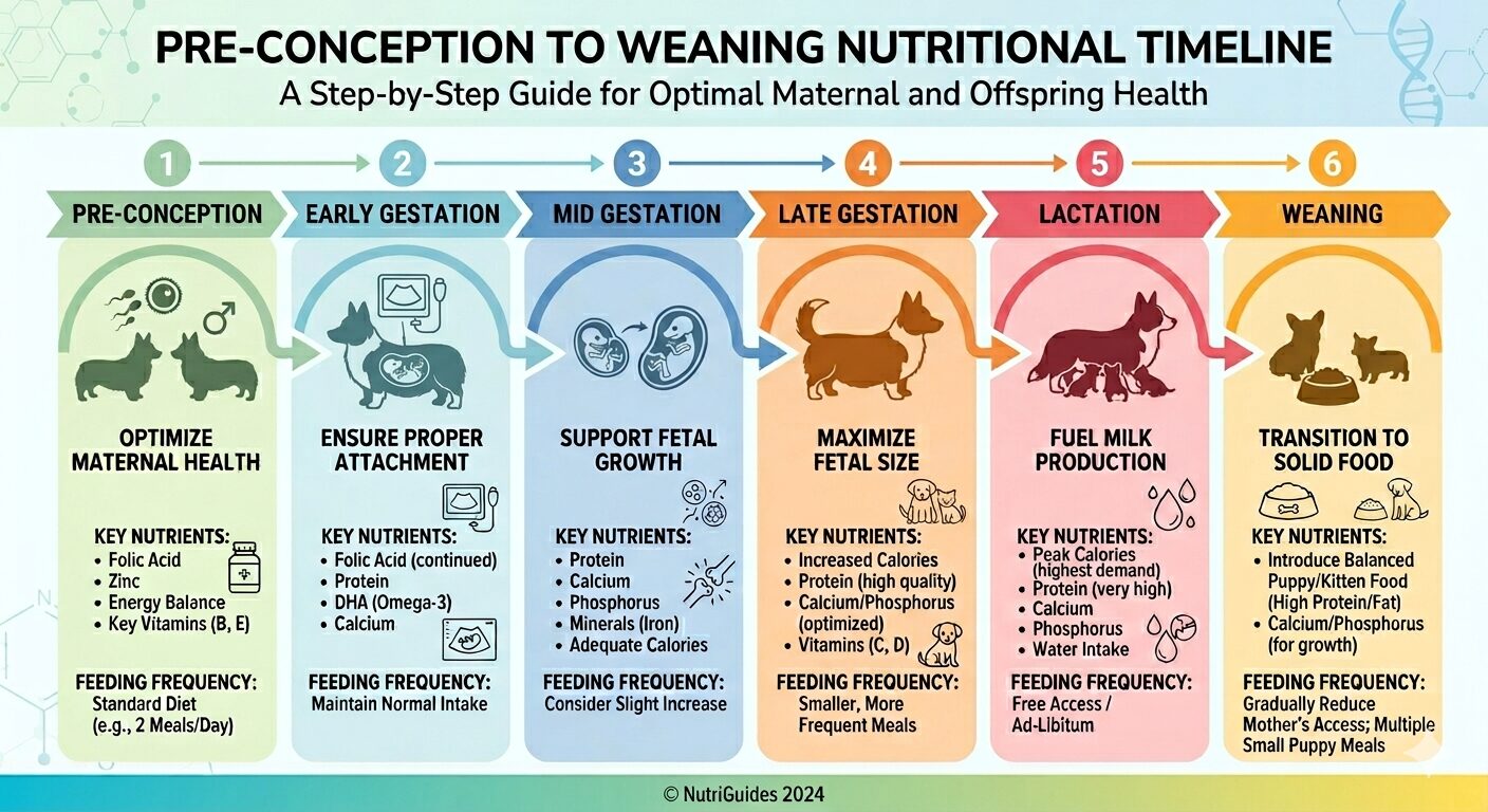 Breeding program nutrition timeline from pre-conception through puppy weaning showing key nutrients per stage