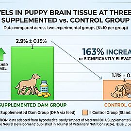 Bar chart comparing puppy brain DHA levels from supplemented versus unsupplemented breeding dams