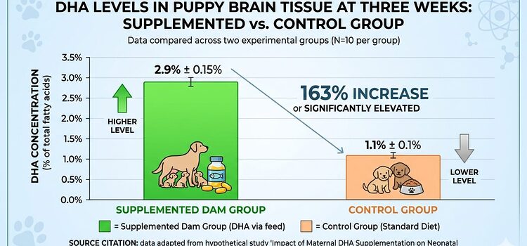 Puppy Nutrition for Breeding Programs Bar chart comparing puppy brain DHA levels from supplemented versus unsupplemented breeding dams
