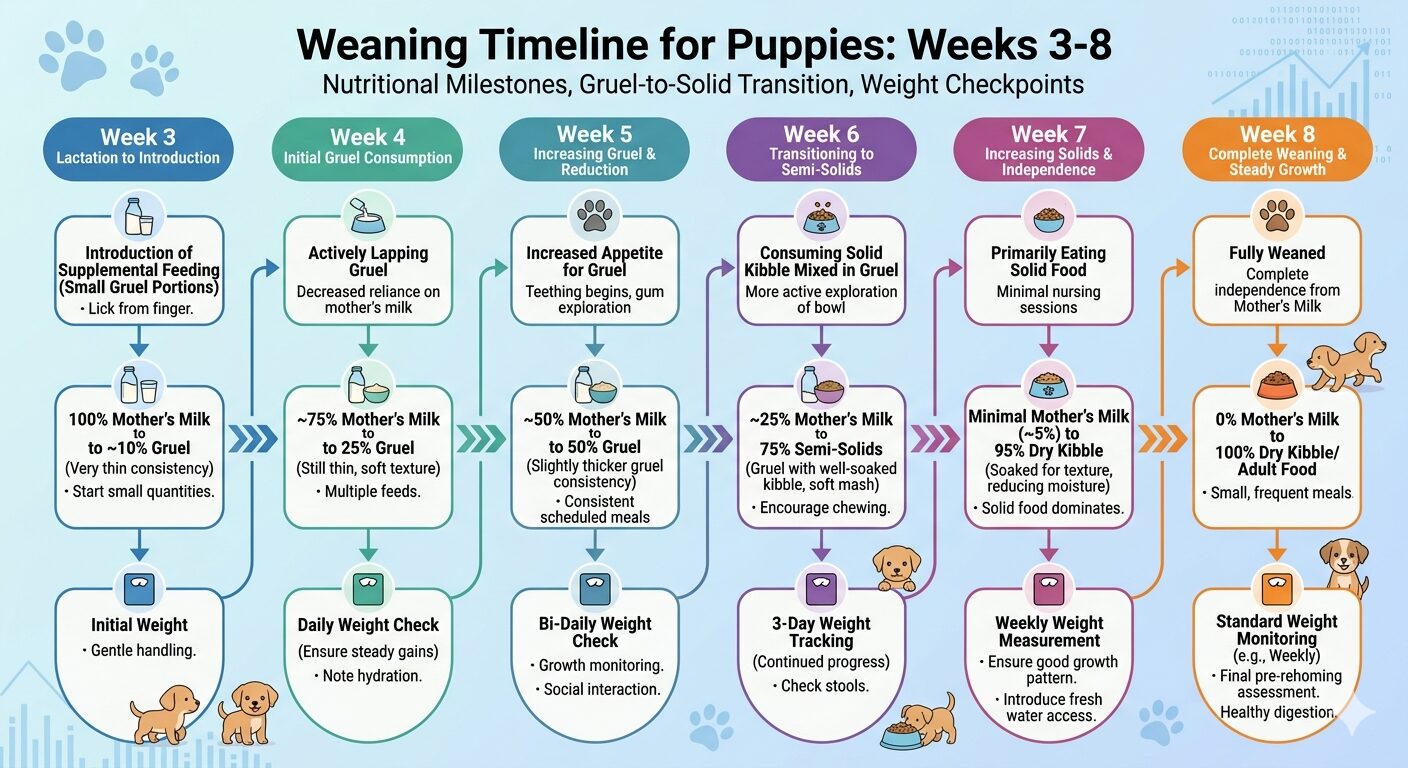 Puppy Nutrition for Breeding Programs. Puppy weaning nutrition timeline from gruel introduction at week three to solid food completion