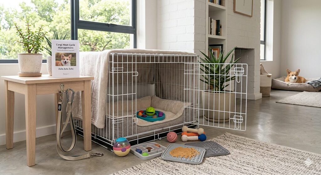 Responsible setup for managing a Corgi in heat showing secure crate, puzzle toys, and enrichment items for mental stimulation