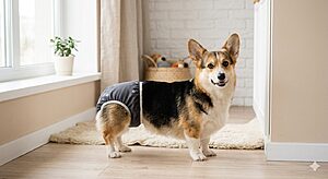 Pembroke Welsh Corgi female wearing comfortable washable heat pants for hygiene management during her first heat cycle