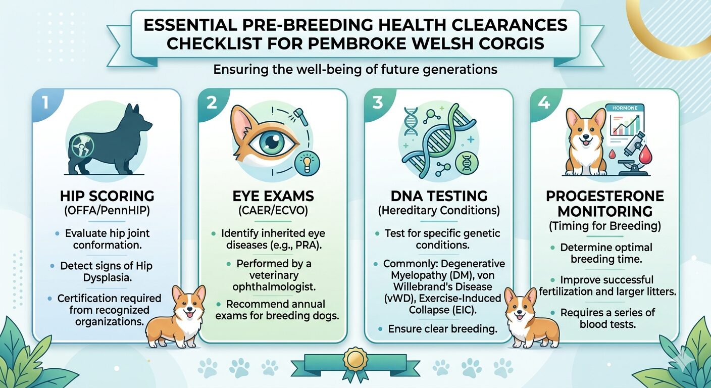 Pre-breeding health clearances checklist for Pembroke Welsh Corgis including hip scoring, eye exams, DNA testing, and progesterone monitoring 