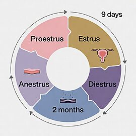 Scientific diagram of the canine estrous cycle showing four phases - Proestrus, Estrus, Diestrus, and Anestrus - with average durations for Pembroke Welsh Corgis