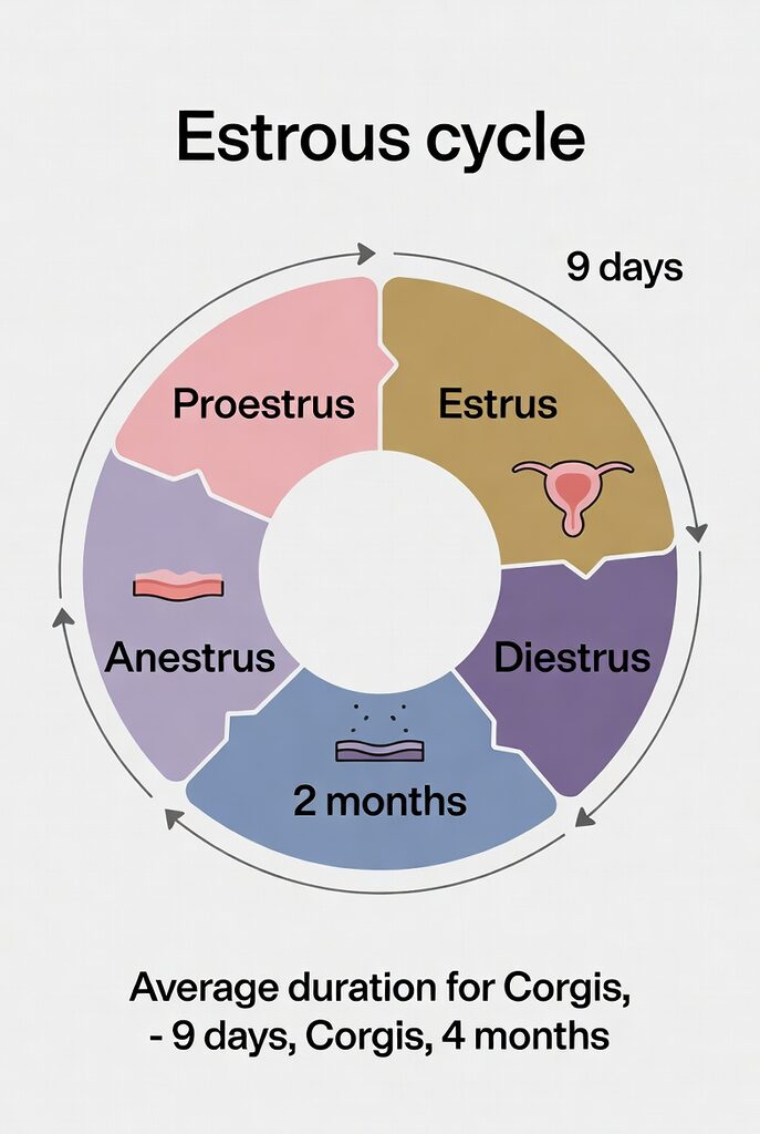 Scientific diagram of the canine estrous cycle showing four phases - Proestrus, Estrus, Diestrus, and Anestrus - with average durations for Pembroke Welsh Corgis