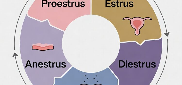 Scientific diagram of the canine estrous cycle showing four phases - Proestrus, Estrus, Diestrus, and Anestrus - with average durations for Pembroke Welsh Corgis