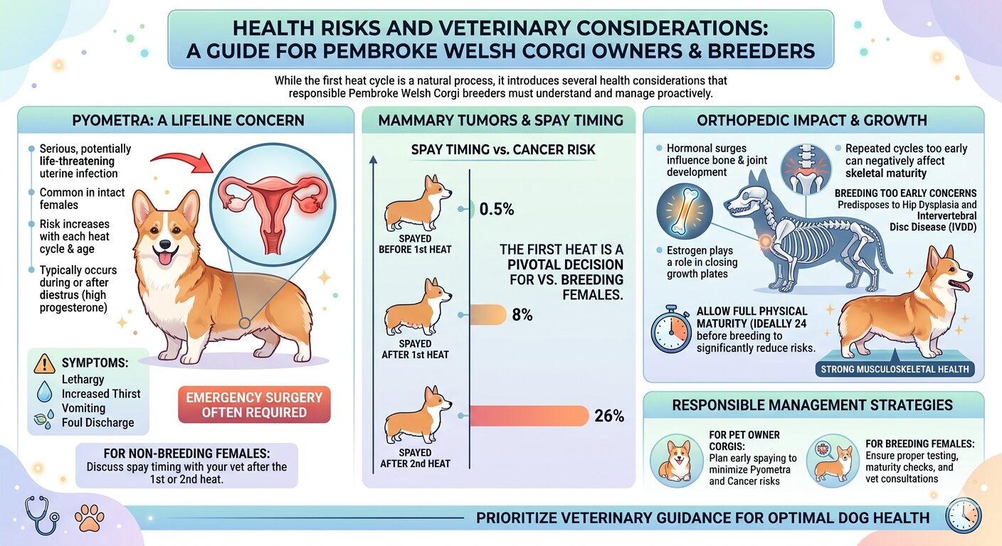 Infographic comparing health risks after first heat in Corgis including pyometra, mammary tumors, and orthopedic issues with prevention tips