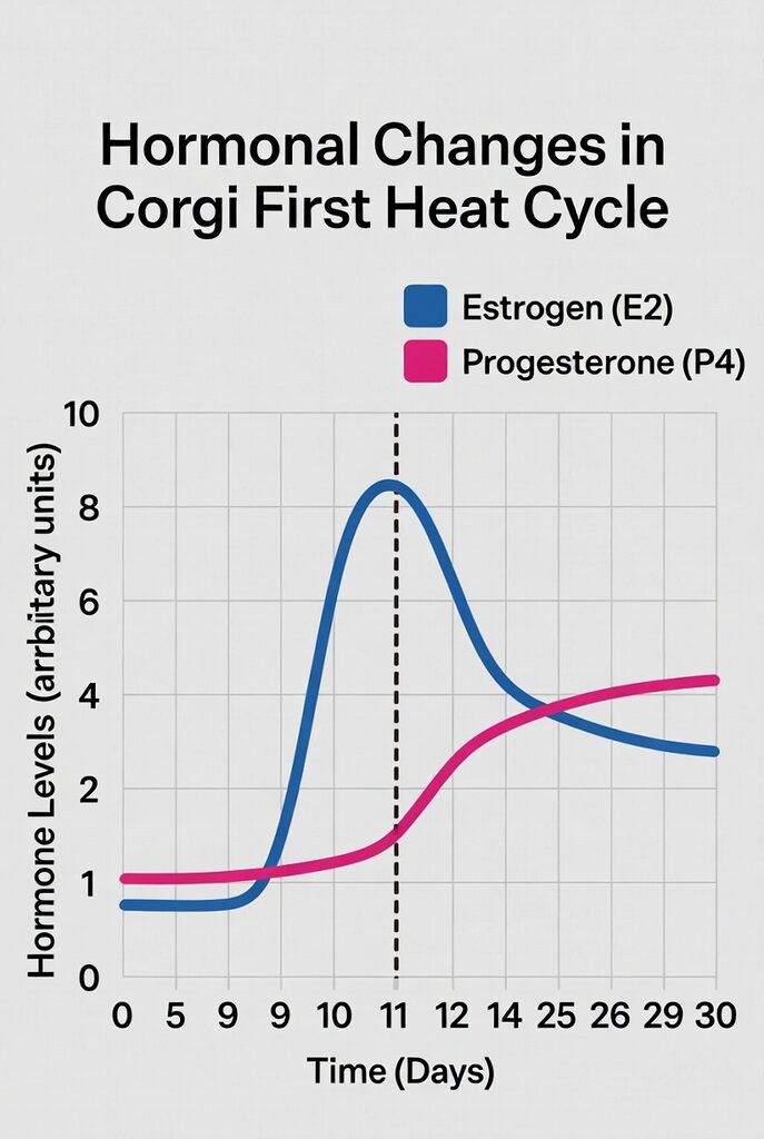 Line graph showing estrogen and progesterone hormone fluctuations during a Corgi’s first heat cycle, highlighting ovulation timing