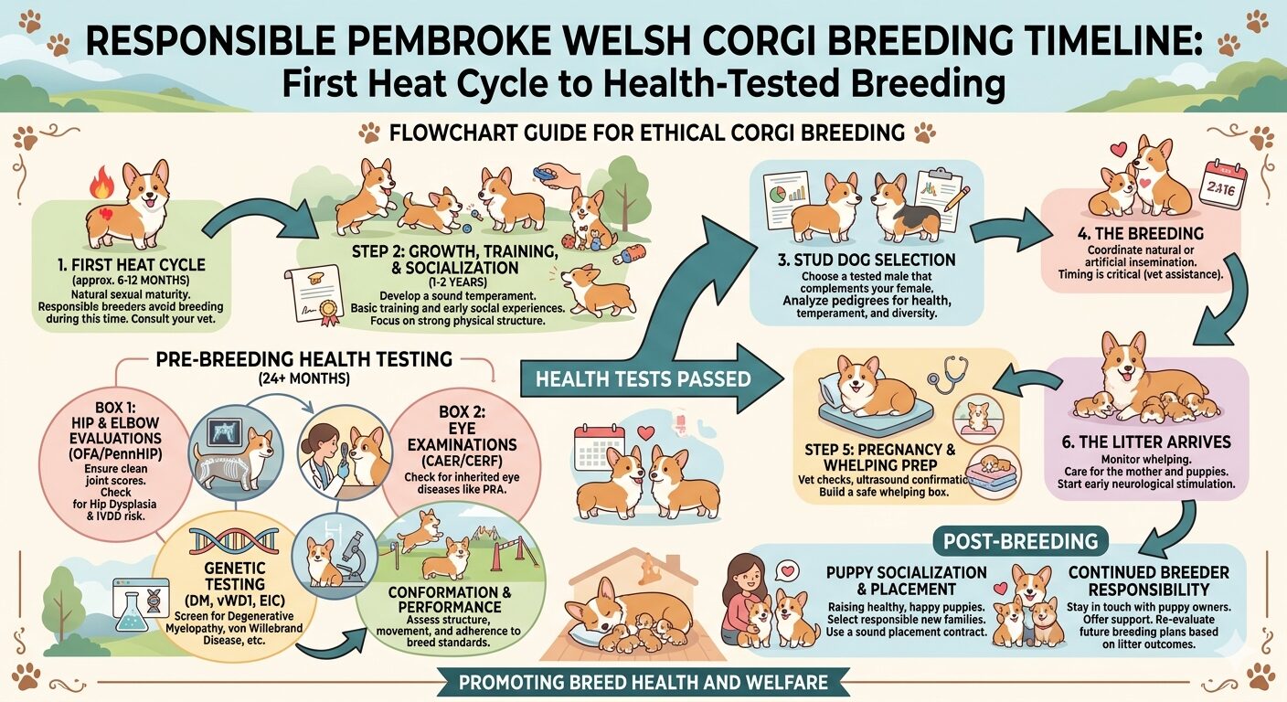 Responsible breeding timeline flowchart for Pembroke Welsh Corgis showing steps from first heat cycle to health-tested breeding at 24+ months 