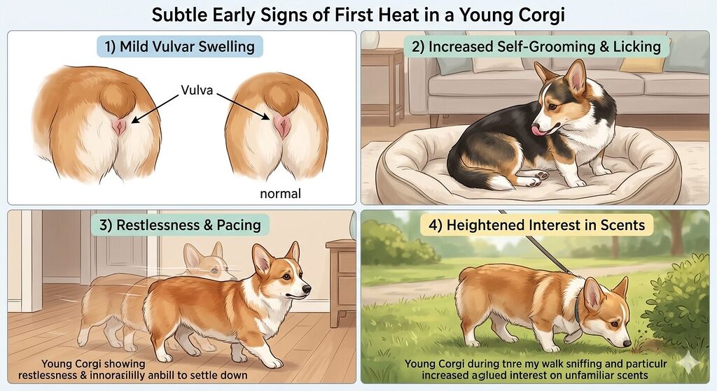 Educational collage illustrating early subtle signs of first heat in a young Pembroke Welsh Corgi including mild vulvar swelling, restlessness, and behavioral changes