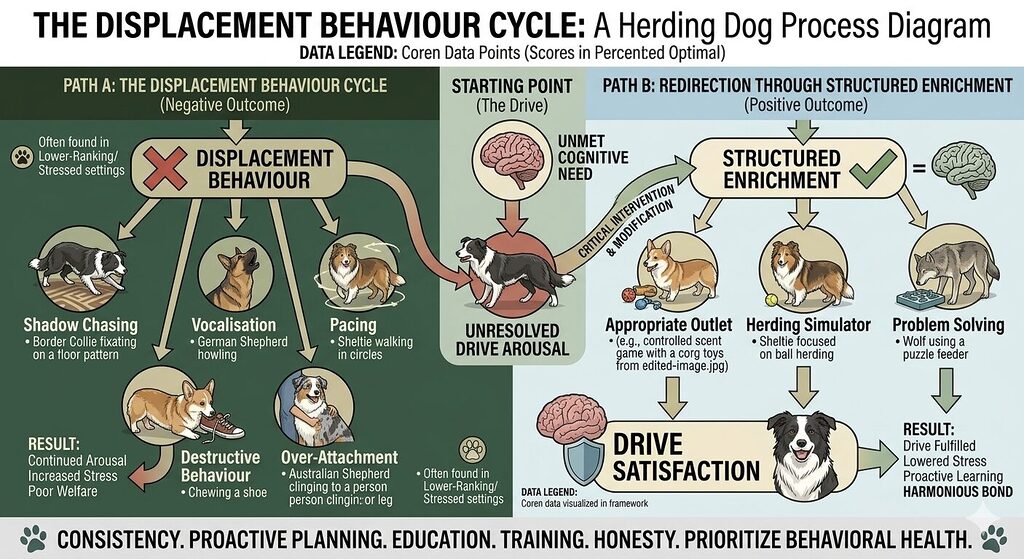 How Herding Dogs Think. Flow diagram showing how unmet herding dog cognitive needs lead to displacement behaviour patterns.