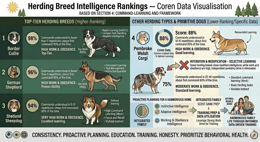 How Herding Dogs Think. Comparison chart of herding dog intelligence rankings based on working and obedience scores