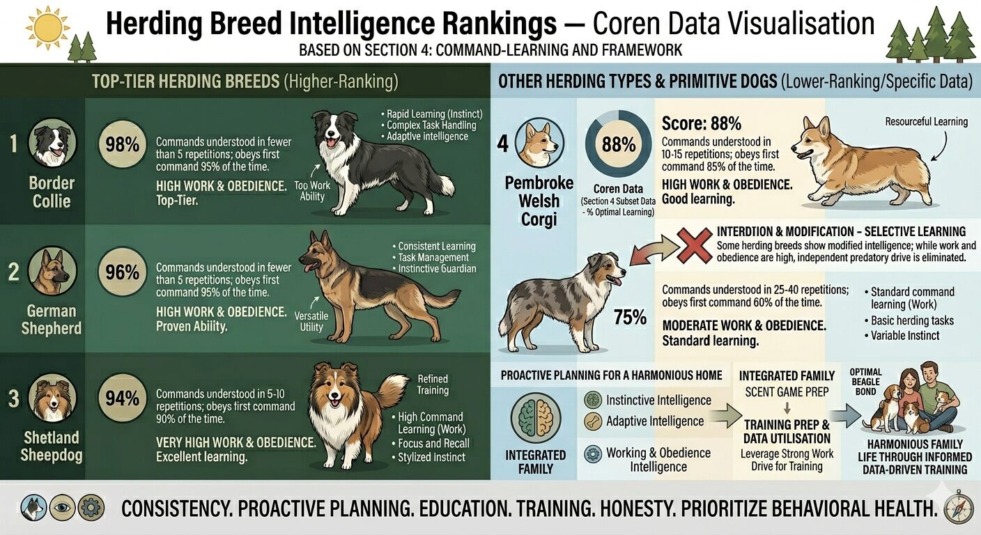 How Herding Dogs Think. Comparison chart of herding dog intelligence rankings based on working and obedience scores