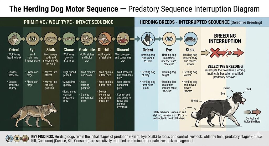 How Herding Dogs Think. Diagram showing the predatory motor sequence interrupted at the stalk phase in herding dog breeds.