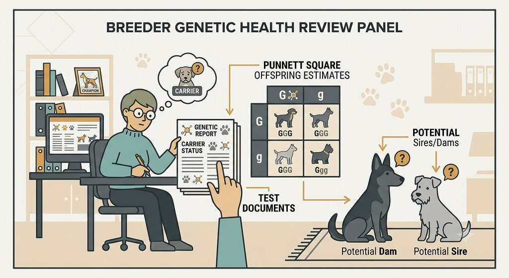 Genetics and Inheritance. Scene panel showing a breeder reviewing genetic test results before mating decision