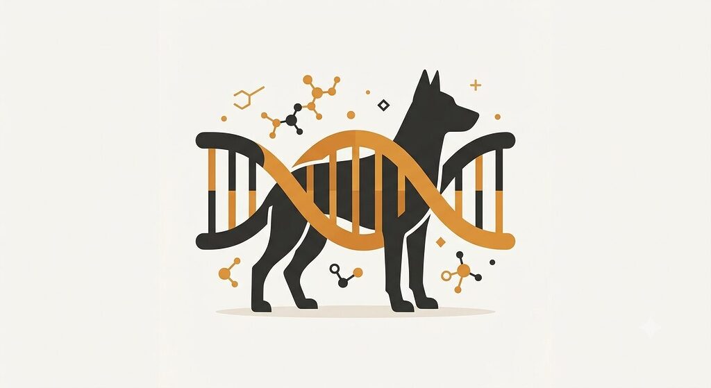 Genetics and Inheritance. Flat illustration of DNA helix with stylized dog silhouette, amber and charcoal color palette