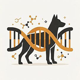 Genetics and Inheritance. Flat illustration of DNA helix with stylized dog silhouette, amber and charcoal color palette