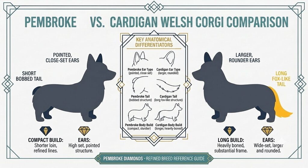 Side-by-side illustration comparing Pembroke and Cardigan Welsh Corgi silhouettes, highlighting differences in tail length, ear shape, and build