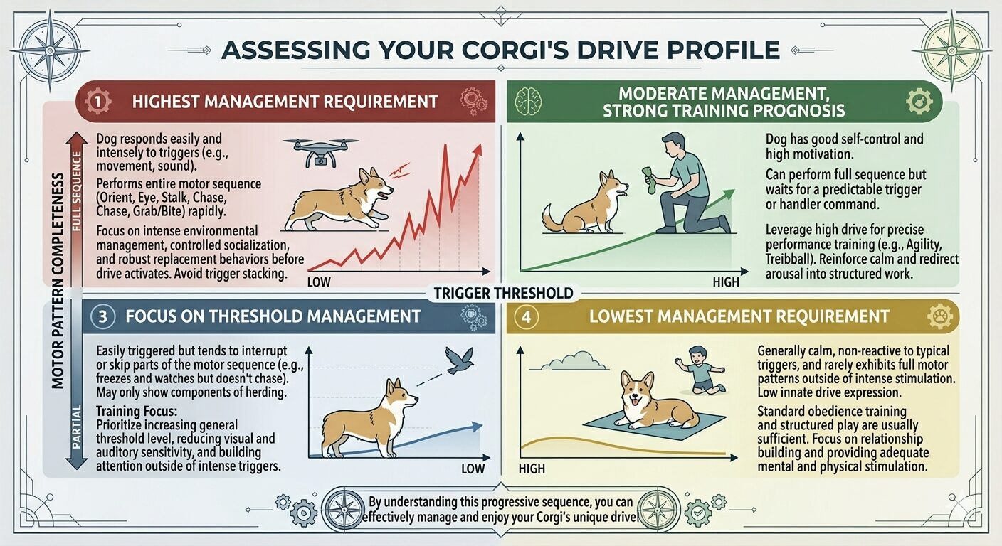 Corgis Sometimes Nip Heels. Four-quadrant Corgi drive profile assessment grid mapping trigger threshold against motor pattern completeness.