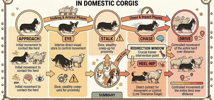 Corgis Sometimes Nip Heels. Corgi herding motor pattern sequence showing six stages with a redirection training window.