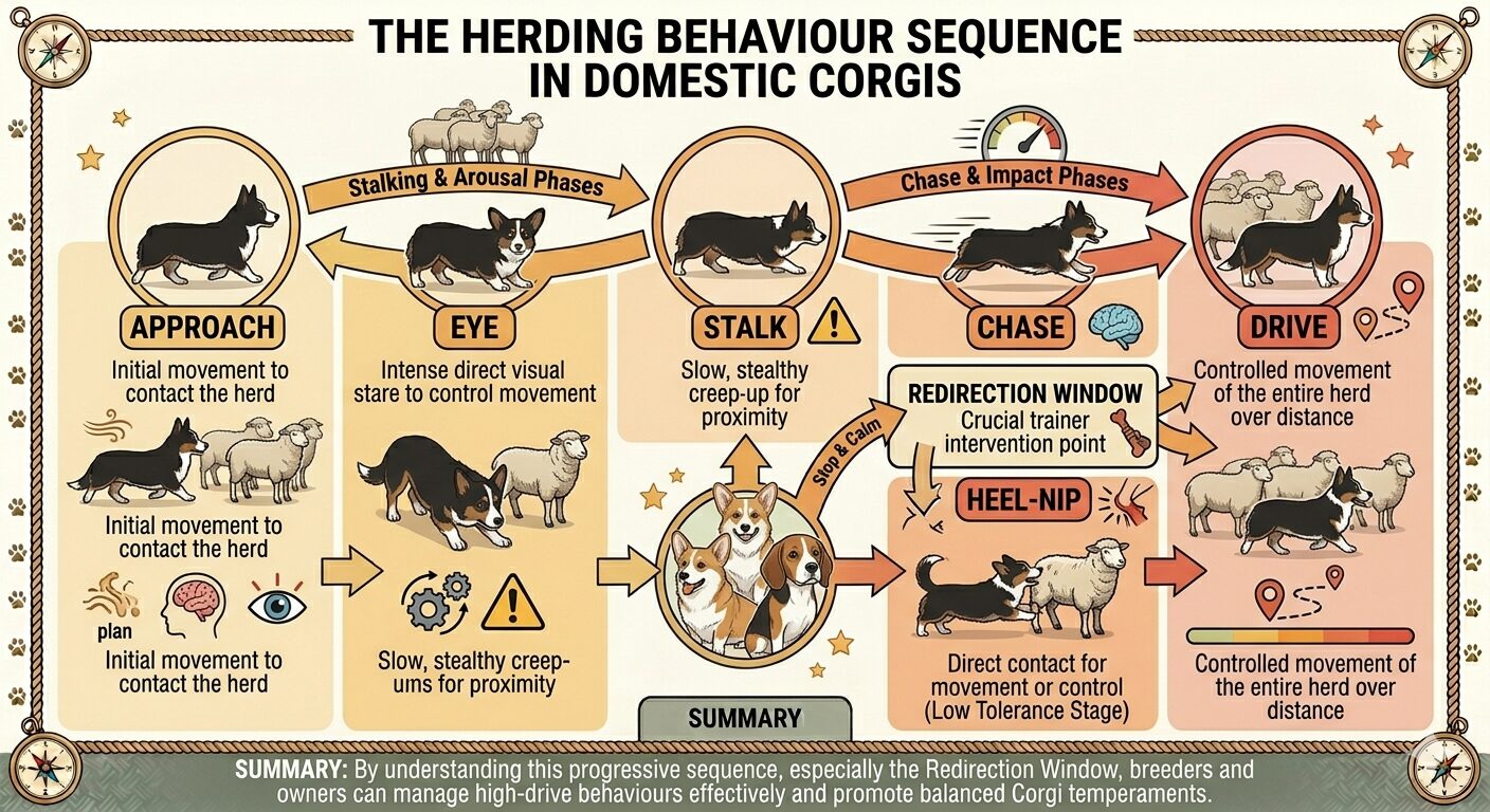 Corgis Sometimes Nip Heels. Corgi herding motor pattern sequence showing six stages with a redirection training window. 