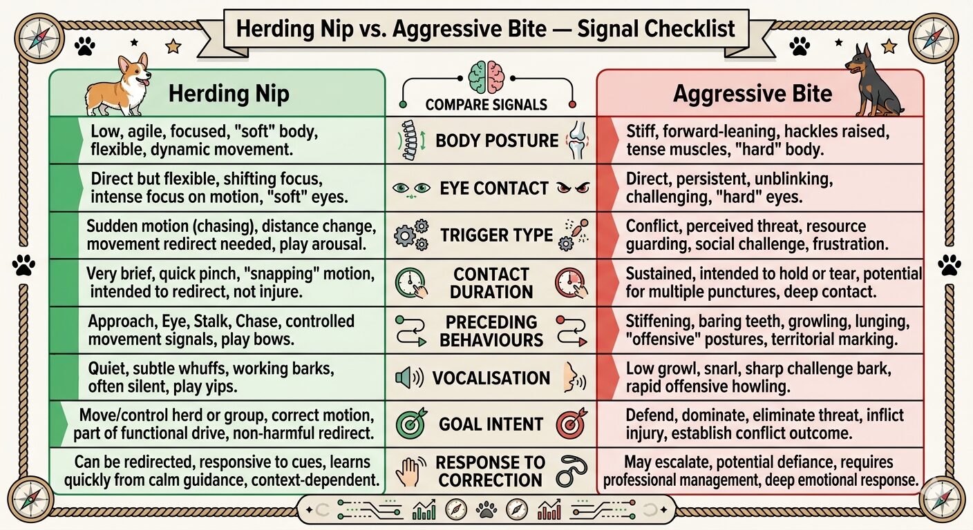 Corgis Sometimes Nip Heels. Side-by-side comparison of Corgi herding nip signals versus aggressive bite warning signs. 