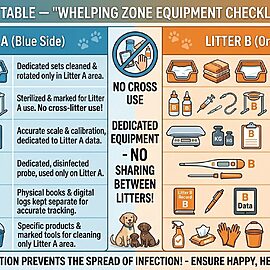 Managing Multiple Litters Simultaneously. Equipment checklist comparing dedicated supply sets for managing two corgi litters.