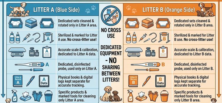 Managing Multiple Litters Simultaneously. Equipment checklist comparing dedicated supply sets for managing two corgi litters.