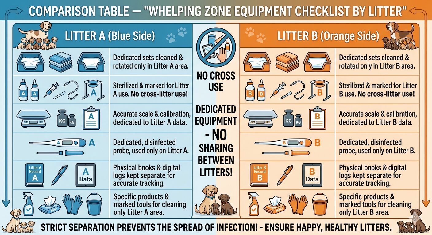 Managing Multiple Litters Simultaneously. Equipment checklist comparing dedicated supply sets for managing two corgi litters.