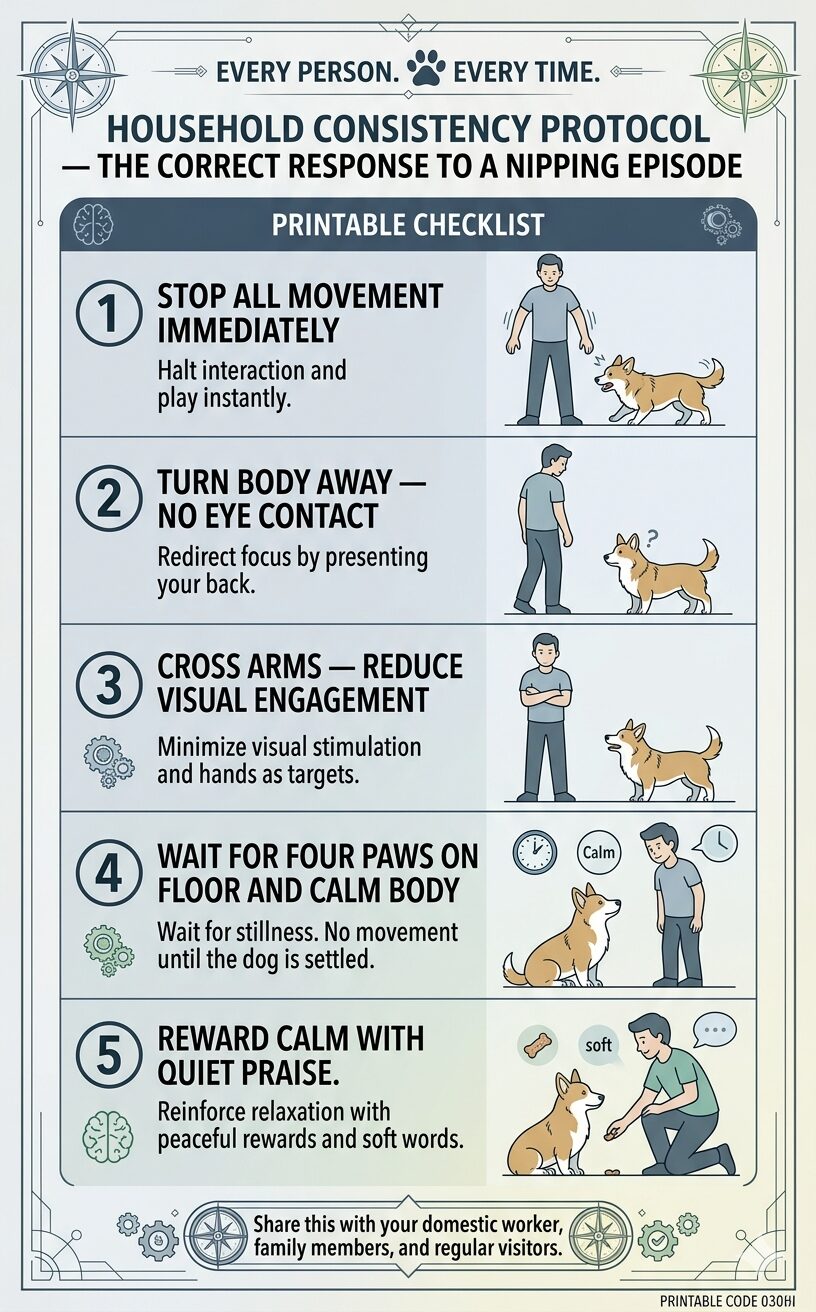 Corgis Sometimes Nip Heels. Five-step household consistency protocol for responding correctly to Corgi heel nipping episodes. 
